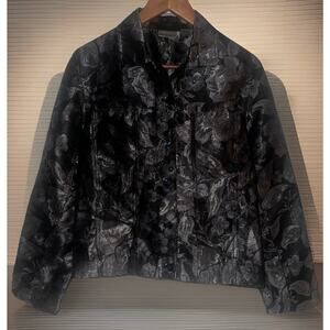 Chico's Small Floral Black and Silver Foil Flower Buttonup Jacket Silk Blend